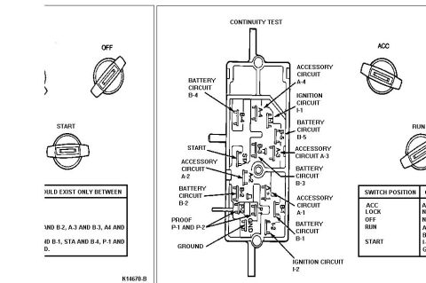 1996 Ford Bronco - Ignition switch continuity-test diagram showing internal contacts and battery, accessory and ignition circuits by switch position.