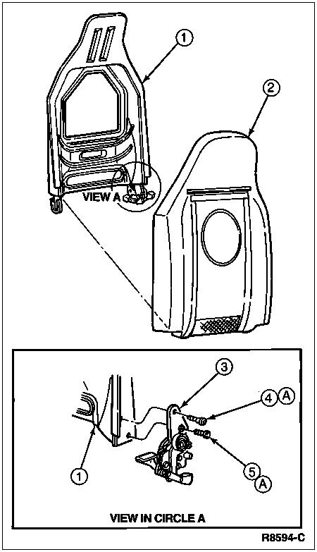 1996 Ford Bronco - Exploded parts diagram of seat back trim panels with a detail view of the latch hardware in circle A.