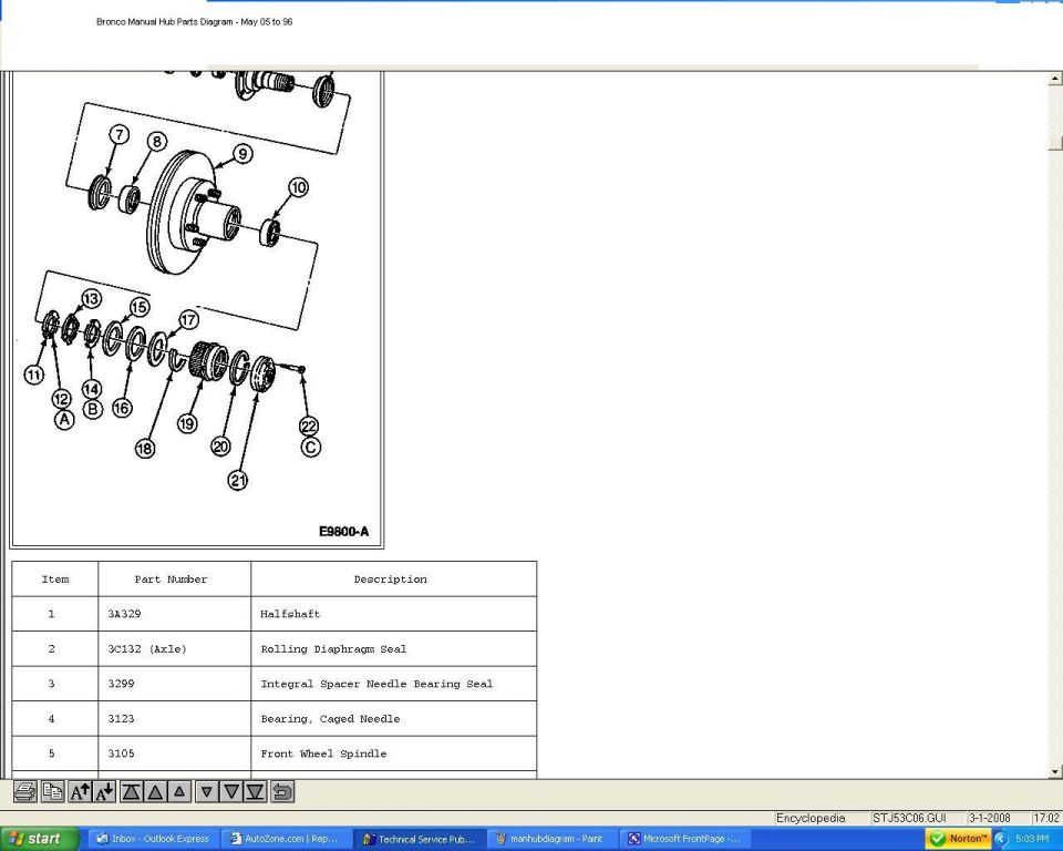 Manual hub exploded parts diagram with item, part number and description table