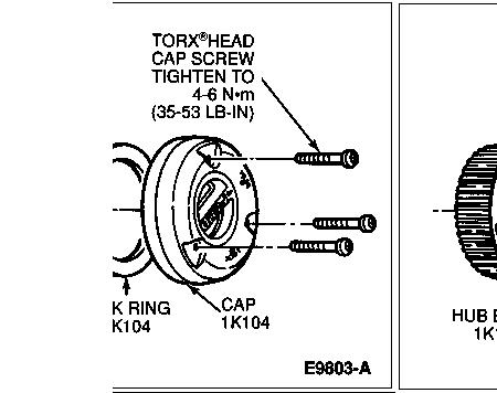 1996 Ford Bronco - Hub cap and ring assembly drawing showing Torx head cap screws with a 35-53 lb-in tightening note.