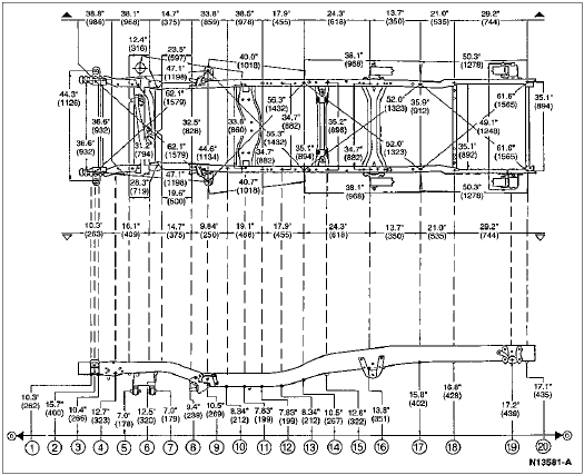 Dimensioned frame engineering drawing with numbered reference points and measurements