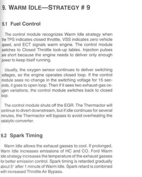 1996 Ford Bronco - This document details engine control strategies for warm idle and spark timing, including fuel control and emissions.