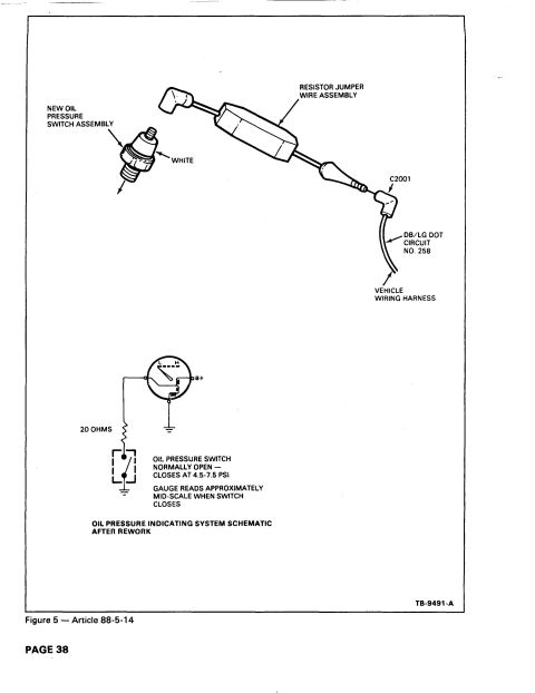 1996 Ford Bronco - Oil pressure indicating system schematic after rework: new oil pressure switch with 20-ohm resistor jumper wire assembly on circuit 258 (DB…