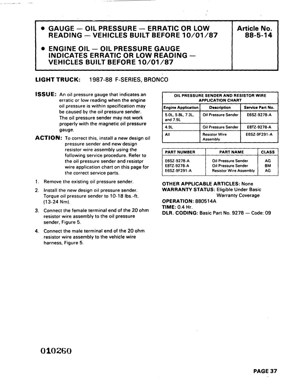 Ford TSB 88-5-14 oil pressure gauge erratic/low reading service procedure