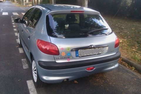 1991 Ford LTD Crown Victoria - This silver Peugeot 206 hatchback is parked on the side of a street, with decorative flower stickers on its rear.