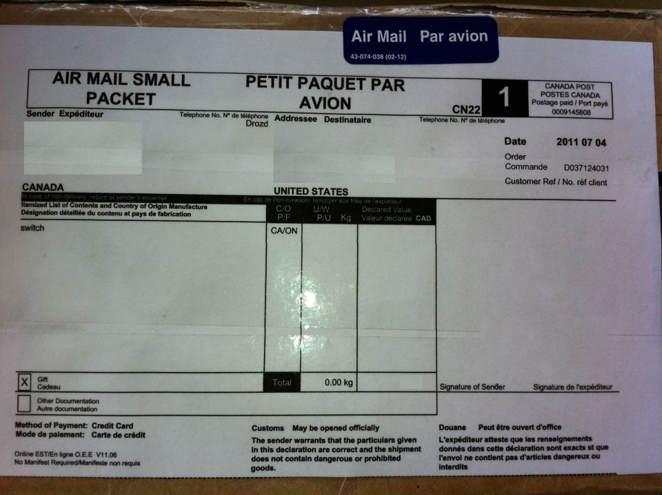 Air Mail Small Packet shipping label with Canada Post details and a declared value of 0.00 kg