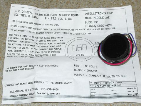 1994 Ford Bronco - An Intellitronix digital voltmeter gauge and its installation instructions are shown.