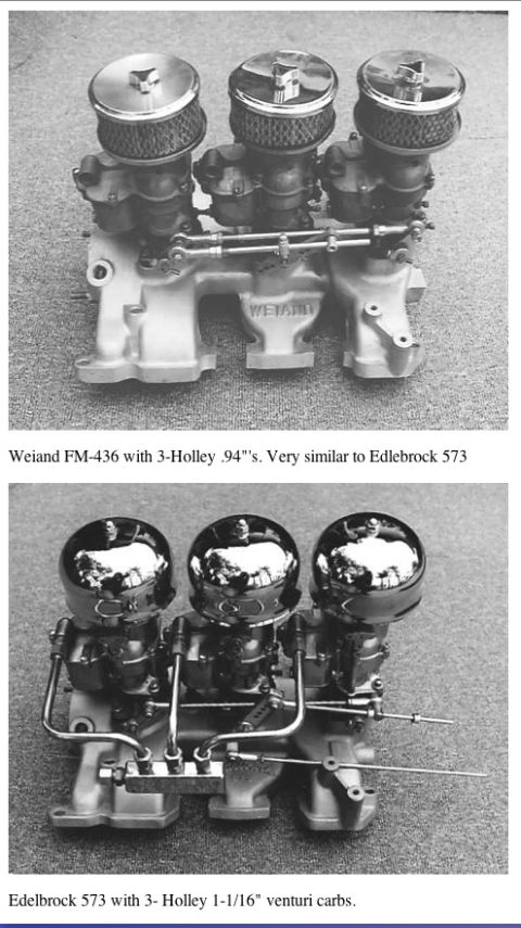 1975 Ford Ranchero - Two different dual carburetor setups are shown, one Weiand and one Edelbrock, both with Holley carburetors.