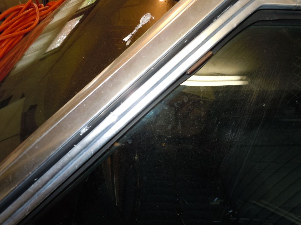 Car windshield trim with a bird dropping and a coiled orange extension cord on the hood