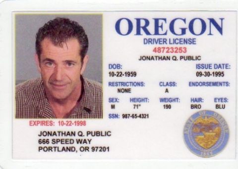 2003 Ford Crown Victoria - Oregon Driver License shows Jonathan Q. Public's photo, DOB, and address.
