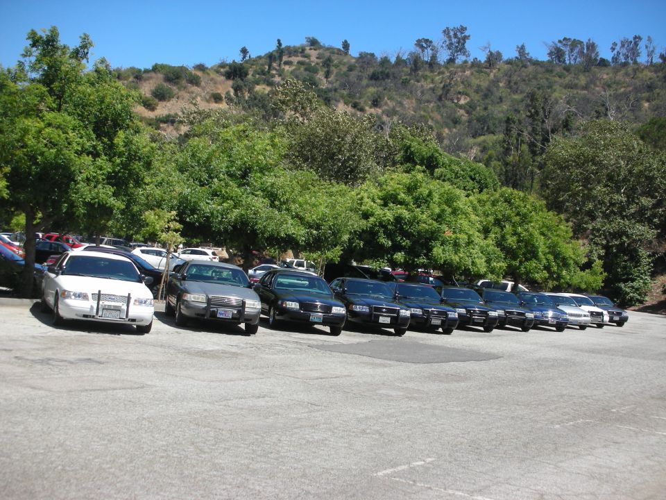 Several Ford Crown Victoria police cars and civilian sedans parked in a lot with trees and a hill in the background