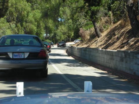2004 Ford Crown Victoria - A 2004 Ford Crown Victoria is seen from behind in traffic on a tree-lined road.
