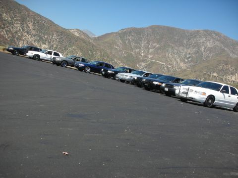2004 Ford Crown Victoria - Multiple Ford Crown Victoria police cars are parked in a line on a paved surface with mountains in the background.