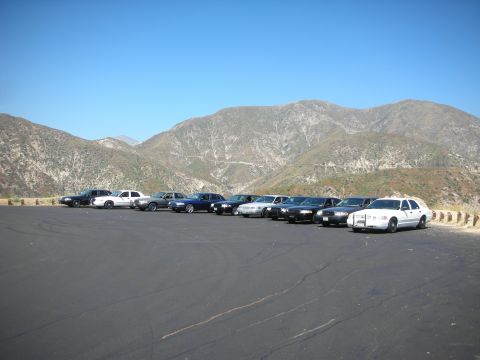 2004 Ford Crown Victoria - A group of sedans are parked in a line with a mountain range in the background under a clear blue sky.