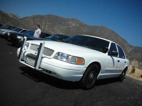 2004 Ford Crown Victoria - A white 2004 Ford Crown Victoria, equipped with a push bar, is parked in a row with other vehicles under a clear blue sky.
