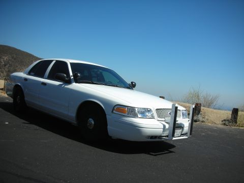 2004 Ford Crown Victoria - A white 2004 Ford Crown Victoria police car equipped with a push bar is parked on the side of a road with a clear blue sky overhead.