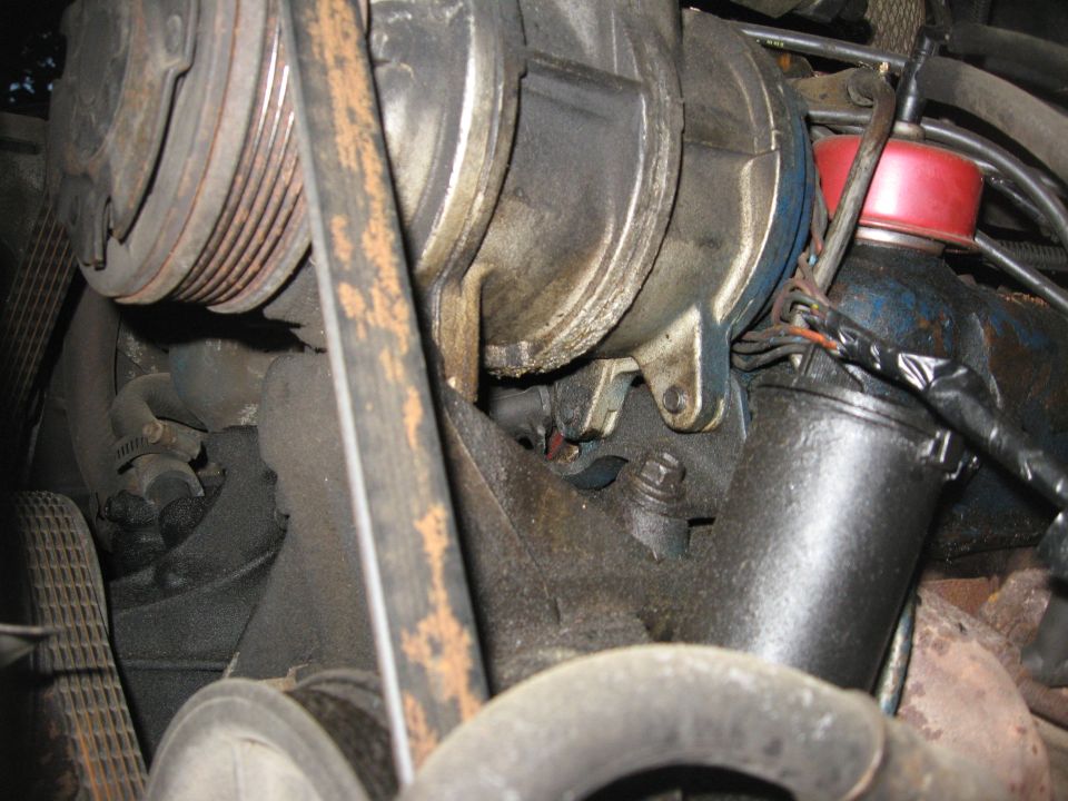 Dirty engine bay with serpentine belt, pulley, hoses, and red-capped part
