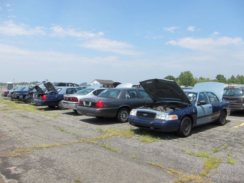 1991 Ford LTD Crown Victoria - Multiple Ford Crown Victorias are parked in an outdoor lot under a cloudy sky.
