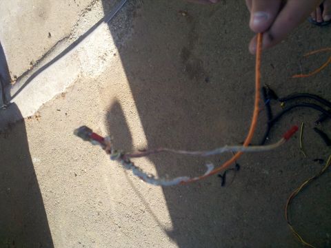 1986 Ford Bronco - A close-up view of a damaged wiring harness, showing frayed and exposed wires.
