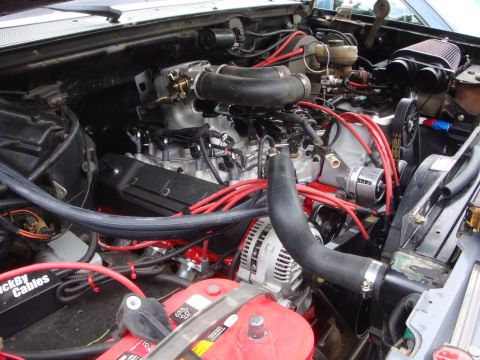 1989 Ford Bronco - Close-up view of a modified V8 engine, red spark plug wires and an air filter.