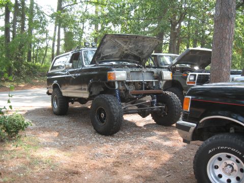 1994 Ford Bronco - Modified Ford Bronco parked outdoors with hoods open, showing multiple vehicles.