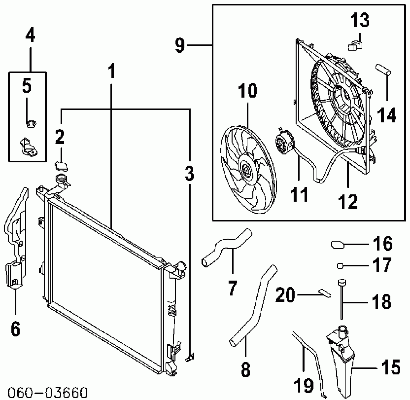 Exploded parts diagram of radiator, cooling fan, shroud, hoses and reservoir