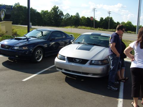 2007 Ford Mustang - Two Ford Mustangs are parked side-by-side in a parking lot on a sunny day.