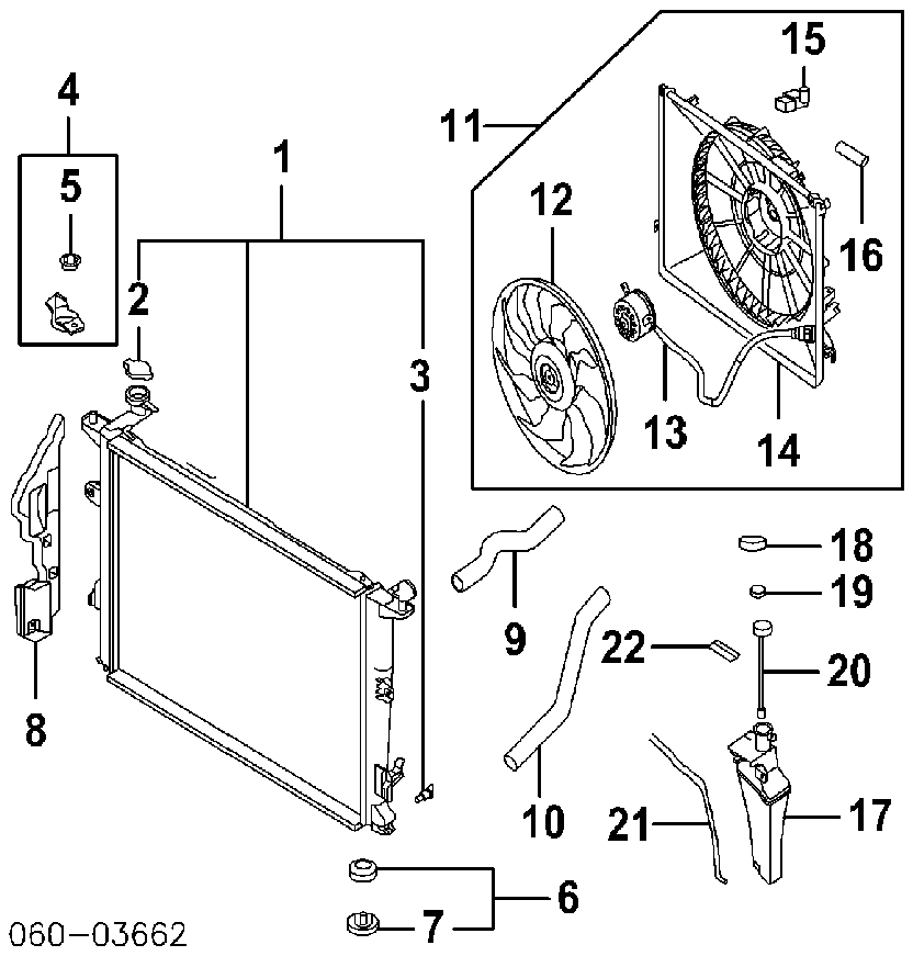 Exploded parts diagram of radiator, fan assembly, hoses and reservoir