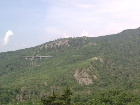 1985 Ford LTD Crown Victoria - A scenic view of a mountain covered in trees, with a highway overpass crossing its side.