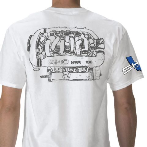 1993 Ford Taurus - T-shirt graphic depicts a SHO 24 valve DOHC engine, with a SHO Cal logo on the sleeve.