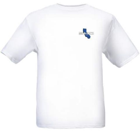 1993 Ford Taurus - White t-shirt features a blue California outline logo with 'SHOCal' text.