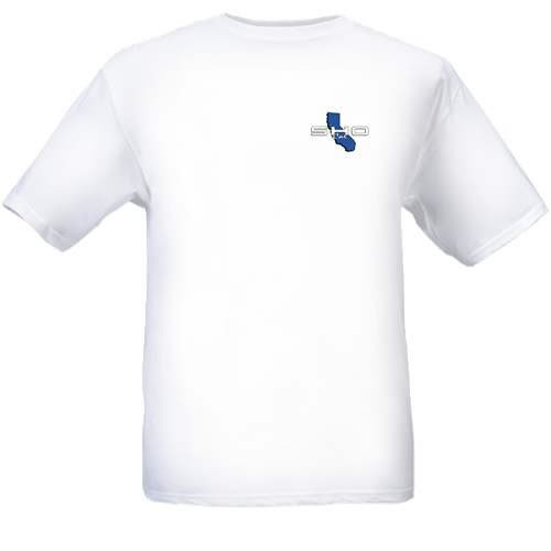 White t-shirt with a blue California outline and 'SHOCal' text logo on the left chest