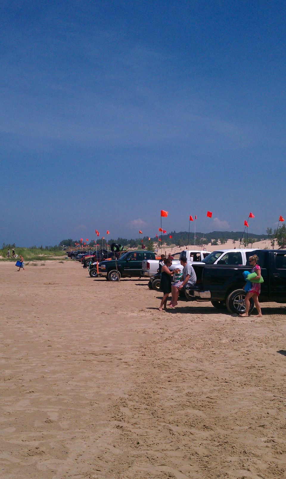 Several trucks parked on a sandy beach under a blue sky with red flags on poles