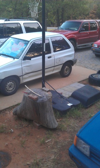 1991 Ford Festiva - A white 1991 Ford Festiva is parked next to a tree stump, with other vehicles visible in the background.