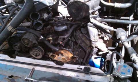 1990 Ford Bronco - Close-up view of a vehicle's engine compartment, showing various mechanical components and hoses.