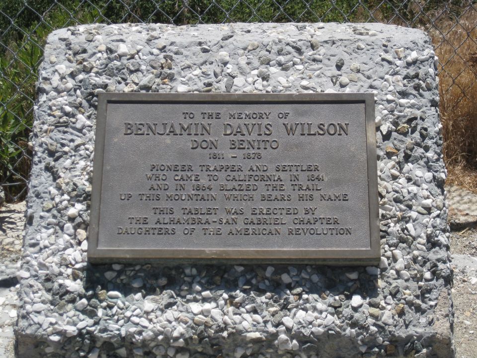 Bronze Mount Wilson memorial plaque for Benjamin Davis Wilson on a concrete monument