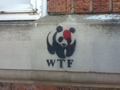 2006 Ford E350 - A panda logo is spray-painted on a concrete wall with red paint resembling blood splatters.