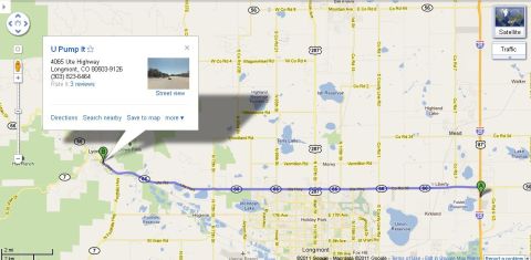 1996 Ford Bronco - Screenshot of a Google Maps route with business information for U Pump It in Longmont, Colorado.