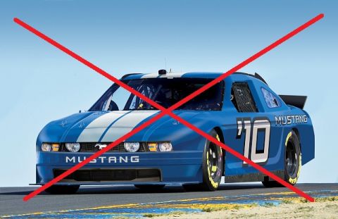 2007 Ford Mustang - A blue and white stock car with racing stripes and the number 10 is shown on a track.