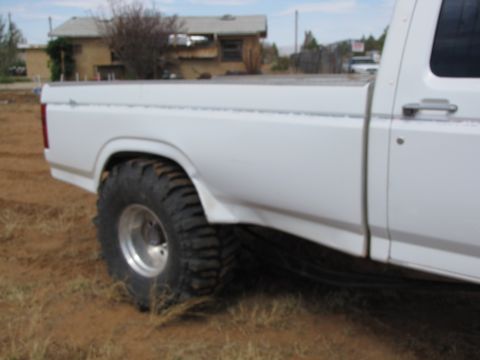 1995 Ford Bronco - Rear view of a white pickup truck with large off-road tires.