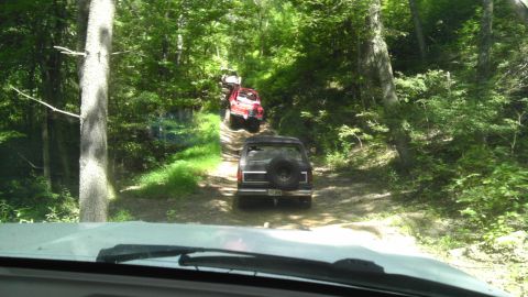 1989 Ford Bronco - A convoy of SUVs navigates a wooded trail, with the lead vehicle a black 1989 Ford Bronco.