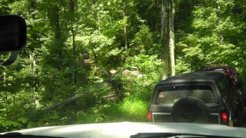 1989 Ford Bronco - A black 1989 Ford Bronco navigates a wooded trail, with another vehicle visible in the distance.
