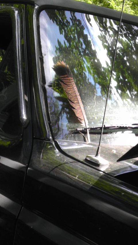 1989 Ford Bronco - A feather is visible on the interior of a vehicle's windshield.