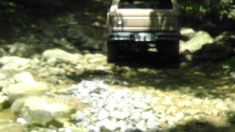 1989 Ford Bronco - A tan truck navigates a rough, rocky path through a wooded area.