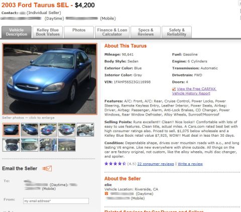 1993 Ford Taurus - This 2003 Ford Taurus SEL is listed for sale with 98,641 miles.