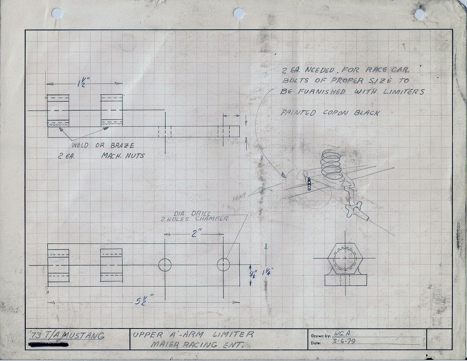 Dimensioned drawing of a '73 Mustang upper A-arm limiter with weld and drill specifications