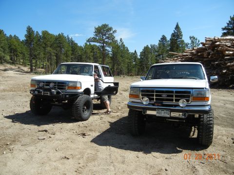 1996 Ford Bronco - Two white 1996 Ford Broncos are parked on a dirt road, with a backdrop of trees and a pile of logs.