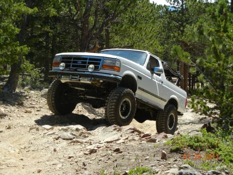 1996 Ford Bronco - A white Ford Bronco navigates a challenging, rocky off-road path surrounded by trees.