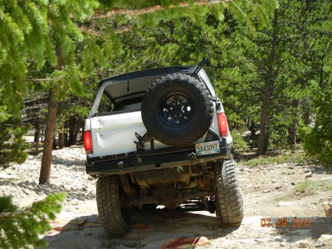1996 Ford Bronco - A white Ford Bronco navigates a rocky trail surrounded by pine trees.