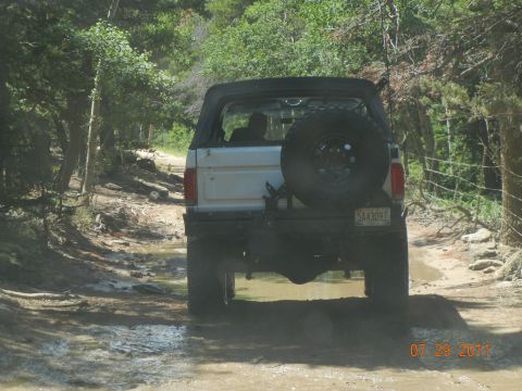 1996 Ford Bronco - Ford Bronco navigates a muddy off-road path with trees on either side.